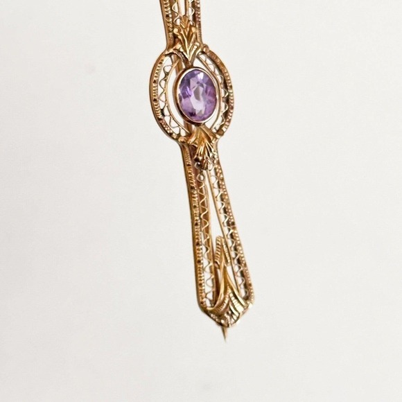 Antique 14K Solid Yellow Gold Intricate Design Detailed Amethyst Bar Brooch Pin - Picture 8 of 11